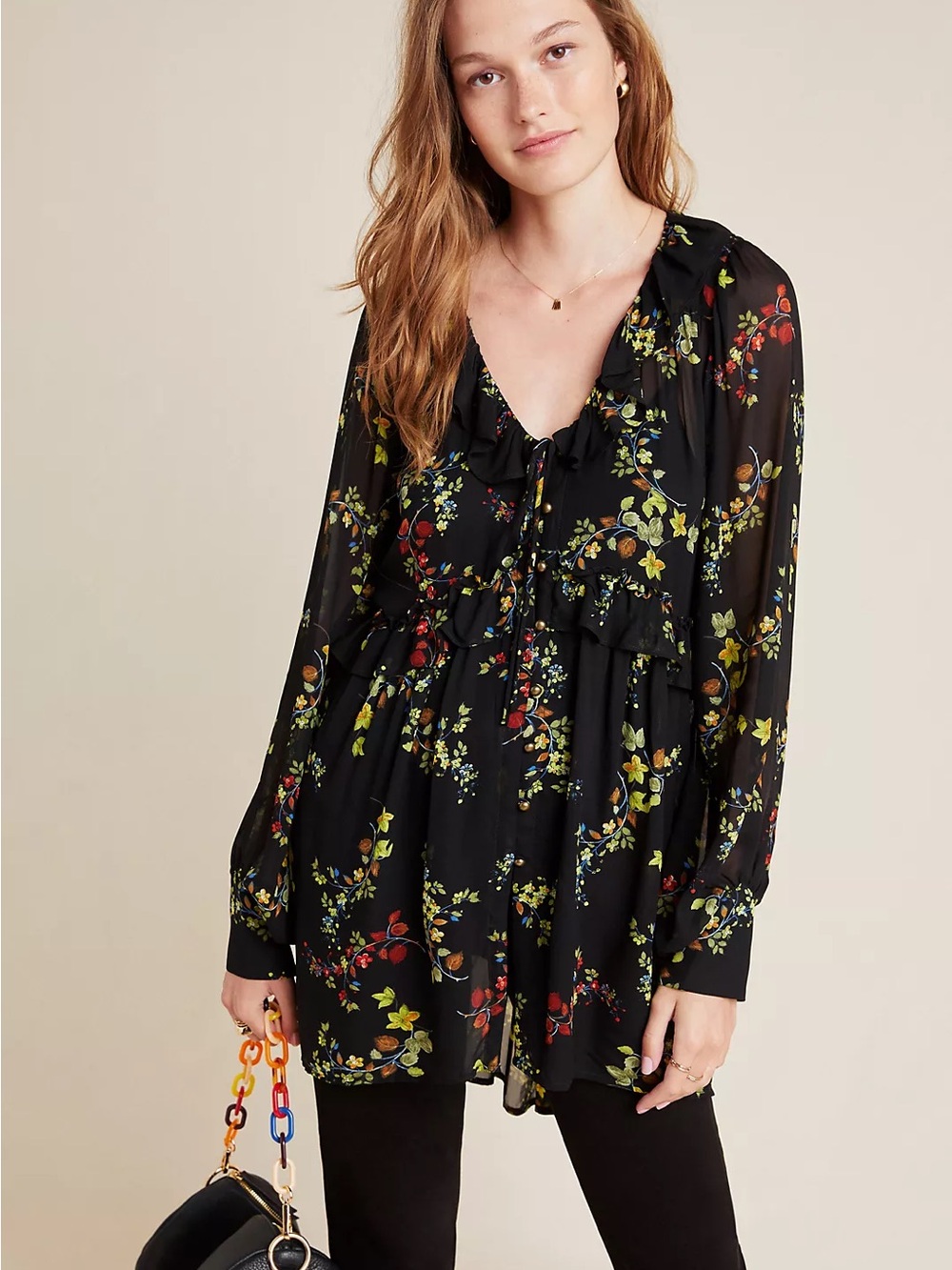 Anthropologie Maeve Black Floral Sheer Jamison Ruffled Tunic Blouse
